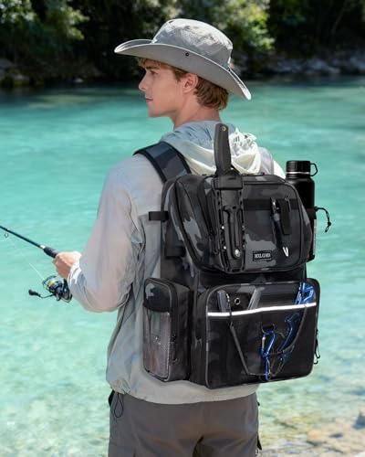 HXLGMD Fishing Backpack with Rod Holders,43L Large Water Resistant Tackle Bag Storage Gear and Equipment with Cooler for Men Fishing, Camping, Hiking, Khaki