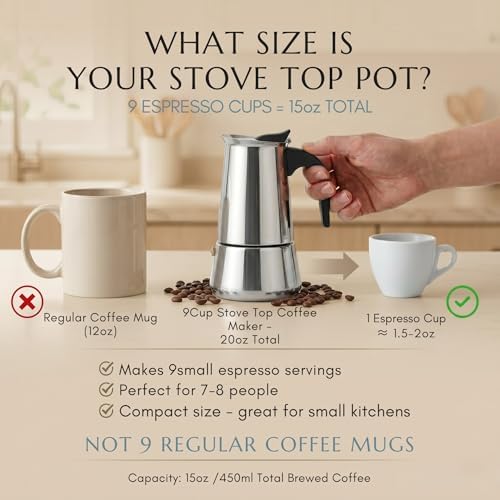 Mixpresso 9 Cup Greca Moka Pot, Stainless Steel Stovetop Espresso Maker