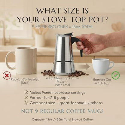 Mixpresso 9 Cup Greca Moka Pot, Stainless Steel Stovetop Espresso Maker