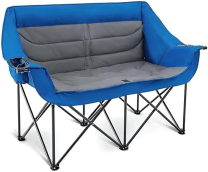 Asrug Padded Double Camping Chair 2 Person Folding Camping Chair Loveseat with Cup Holders and Side Pockets Heavy Duty Camping Couch for Outdoor Beach Fishing Garden 650lbs Support (Blue & Dark Gray)