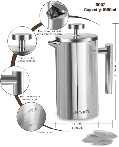 French Press Coffee Maker, Silver, 50 OZ (1.5 Litre)