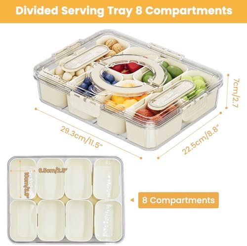 Divided Serving Tray with Lid and Handle, 8 Compartments Snack Platter