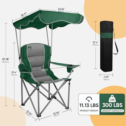 Northroad Folding Camping Chairs with Canopy Shade, Beach Chair w/Cup Holders, Armrests & Carry Bag for Outdoors Travel Sports Fishing, Green