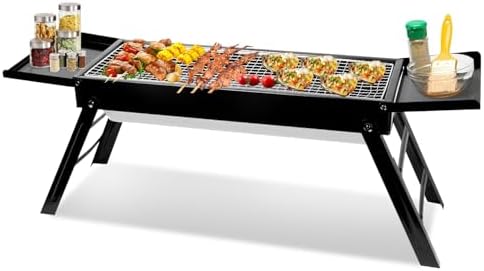 KOCASO Foldable Charcoal BBQ Grill with Shelf Stainless Steel Grill Net Easy Setup Portable Tabletop Barbecue Grill for Camping Picnic Outdoor Party Backyard