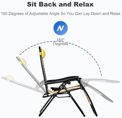Nazhura Set of 2 Relaxing Recliners Patio Chairs Adjustable Steel Mesh Zero Gravity Lounge Chair Beach Chairs with Pillow and Cup Holder (Yellow Stripe)