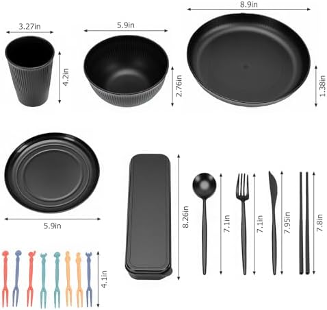 Luocute Dinnerware Set for 4, 12 Pieces Reusable Plates and Bowls Sets Microwave and Dishwasher Safe, with Cutlery Set, for Travel Camping Kitchen