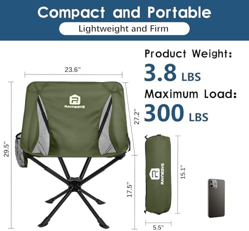 Raynesys Portable Swivel Camping Chair, 8 Seconds Quick Setup Easy Carry