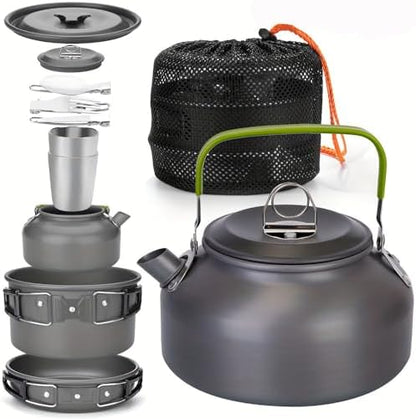 Camping Cookware Set(Green), Portable Backpacking Gear with Kettle, Pot, Pan, Cups & Foldable Cutlery, Lightweight Outdoor Cooking Kit for 2-3 People, Ideal for Hiking, Picnic & Camping