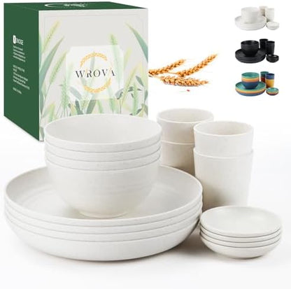Wrova Wheat straw bowl and plate sets of 16 with cups - Unbreakable plastic dinnerware sets for kitchen - Microwave and Dishwasher safe dishes for kitchen,camping,indoors and out doors. White