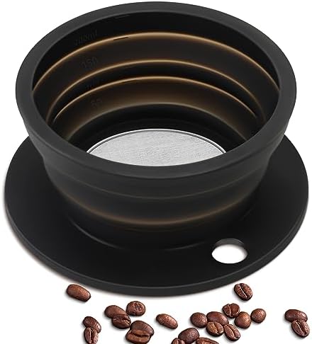 Paperless Collapsible Pour Over Coffee Dripper - Reusable Silicone Coffee Filter Pour Over for Travel and Camping - Single Cup Drip Coffee Maker Pour Over with Metal Mesh Coffee Filter (Black)