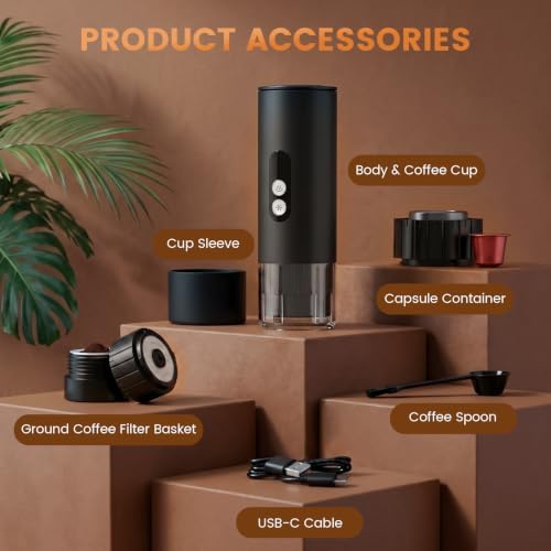 Electactic Portable Coffee Maker with Self-Heating, Camping Coffee Maker for Travel with 9000mAh Battery, Travel Coffee Maker for Ground Coffee & Nespresso Pods, Ideal for Gym/Camp/Travel/Office