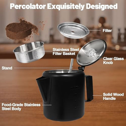 12 Cup Percolator 304 Stainless Steel Coffee Pot Coffee Maker Coffee Machine with Solid Wood Handle Transparent Knob Stovetop Greca Mocha for Induction Home and Camping 2200ml 74.4oz