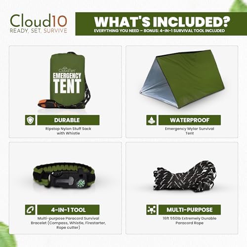 CloudTen Emergency Tent: Lightweight 2 Person Survival Tent with Multi-Function Paracord Bracelets - Essential Survival Gear & Bug Out Bag Items for Preppers, Hikers, Survivalists, Campers, Boy Scouts
