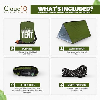 CloudTen Emergency Tent: Lightweight 2 Person Survival Tent with Multi-Function Paracord Bracelets - Essential Survival Gear & Bug Out Bag Items for Preppers, Hikers, Survivalists, Campers, Boy Scouts