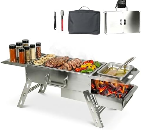 Portable Tabletop Charcoal Grill, Foldable Stainless Steel Mini BBQ Grill with Carry Bag, Lightweight Small Camping Picnic Travel Tailgating Patio Grill