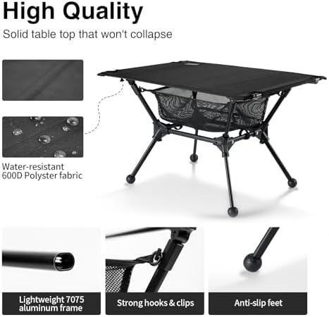 ONETIGRIS Dipper Camping Table, Lightweight Portable Folding Table with Mesh Storage Net, High/Low Options, Ideal for Camping, Hiking, Tailgating, Beach, Picnic, Travel, Backyard