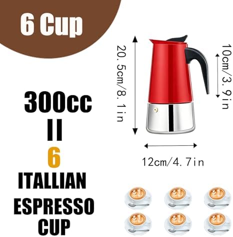 6 Cup Stovetop Espresso Maker Stainless Steel Moka Pot Stove Top Percolator Italian Coffee Makers Capable Mocha Greca Machine Cafe Classic Induction Cookers for Home and Camping 300ml 10oz