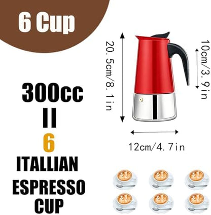 6 Cup Stovetop Espresso Maker Stainless Steel Moka Pot Stove Top Percolator Italian Coffee Makers Capable Mocha Greca Machine Cafe Classic Induction Cookers for Home and Camping 300ml 10oz