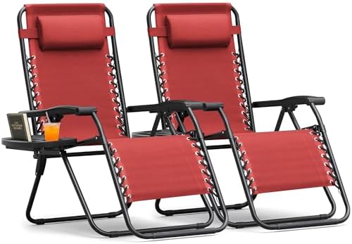 Homall Zero Gravity Patio Folding Lawn Reclining Lounge Chairs Outdoor Gravity Camp Chairs with Cup Holder Pillows for Poolside Backyard and Beach Set of 2 (Red)