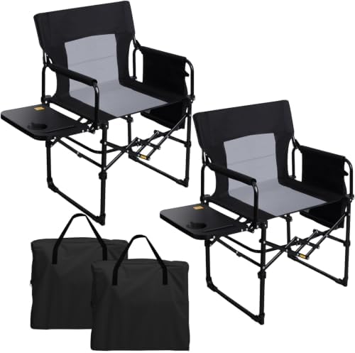 Romswi 2 Pack Folding Director Chair for Outdoor, Heavy Duty Camping Chair with Side Table, Cup Holder & Storage Pockets, Oversized Portable Chair Supports 400 lbs for Fishing, Picnic, Lawn, Black