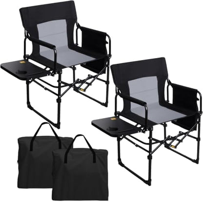 Romswi 2 Pack Folding Director Chair for Outdoor, Heavy Duty Camping Chair with Side Table, Cup Holder & Storage Pockets, Oversized Portable Chair Supports 400 lbs for Fishing, Picnic, Lawn, Black