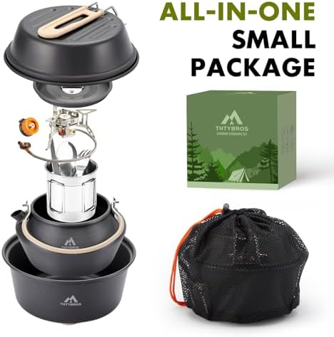 THTYBROS 27pcs Camping Cooking Set for 2-4 People, Portable Cookware Set with Kettle, Pots & Pans, Stainless Steel Utensils, Plates, Dishware for Backpacking, Picnic, Outdoor Adventures