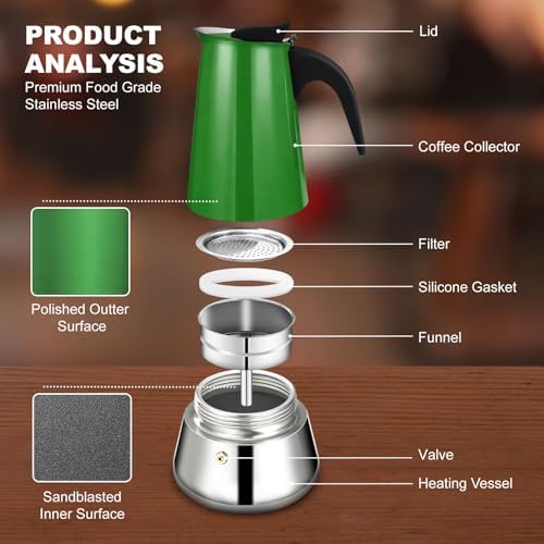6 Cup Stovetop Espresso Maker Stainless Steel Moka Pot Stove Top Percolator Italian Coffee Makers Capable Mocha Greca Machine Cafe Classic Induction Cookers for Home and Camping 300ml 10oz