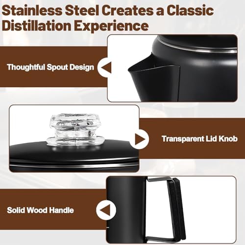 12 Cup Percolator 304 Stainless Steel Coffee Pot Coffee Maker Coffee Machine with Solid Wood Handle Transparent Knob Stovetop Greca Mocha for Induction Home and Camping 2200ml 74.4oz