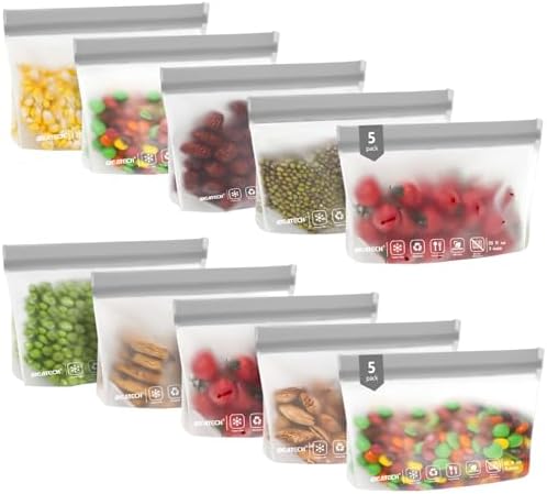 IDEATECH 10Pack Reusable Snack Bags Dishwasher Safe, BPA Free Food Storage Freezer Bags, Small Reusable Resealable Baggies for Cookies, Candy (10Snack, Grey)