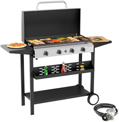 SKOK Propane Gas Griddle with Hood - Flat Top Grill with Standing Cart