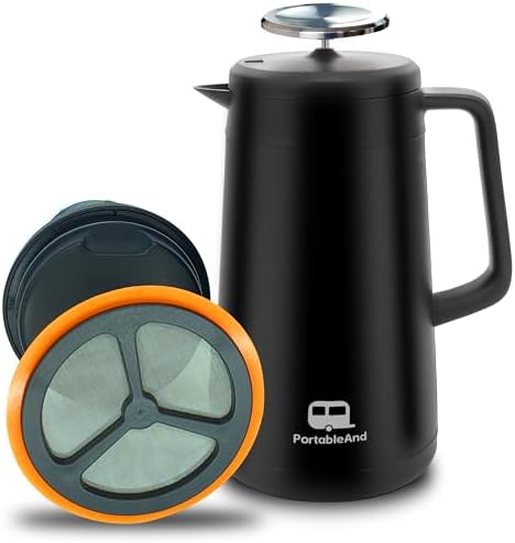 PortableAnd 34oz Double Vacuum Insulation Large Silicone French Press Coffee Maker with Silicone Ring, Stainless Steel, Perfect for Camping, Travel, and At-Home Use (Matte Black)