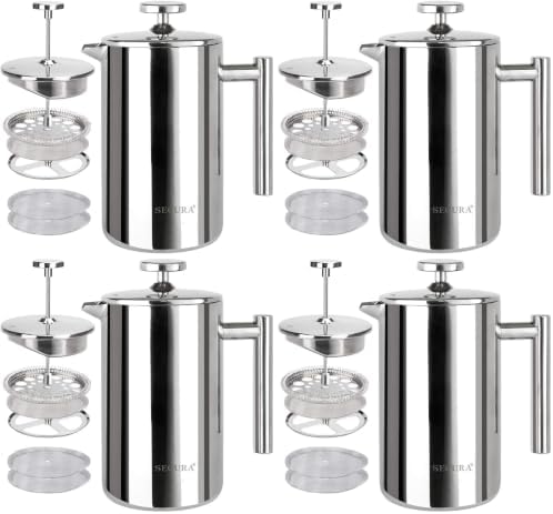 Secura French Press Coffee Maker, 304 Grade Stainless Steel Insulated Coffee Press with 2 Extra Screens, 12oz (0.35 Litre), Silver (Pack of 4)