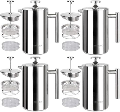 Secura French Press Coffee Maker, 304 Grade Stainless Steel Insulated Coffee Press with 2 Extra Screens, 12oz (0.35 Litre), Silver (Pack of 4)
