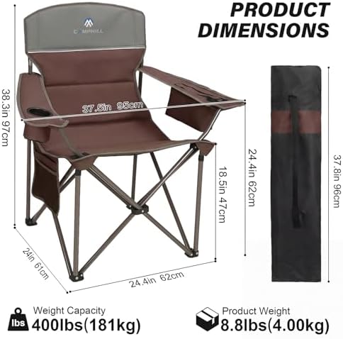 Oversized Camping Chairs 2 Pack - Heavy Duty 400LBS Padded Lawn Chair with Cooler Bag,Cup Holder,Side Pocket,Collapsible for Outdoor,Camp,Fishing & Garden,Maroon