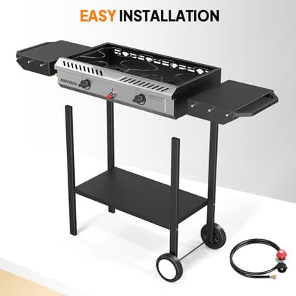 ROVSUN 2 Burner Outdoor Propane Gas Stove with Auto-ignition, Regulator & Shelf, 150,000 BTU Powerful Stand Cooker for Backyard Patio Cooking Home Brewing Canning Turkey Frying