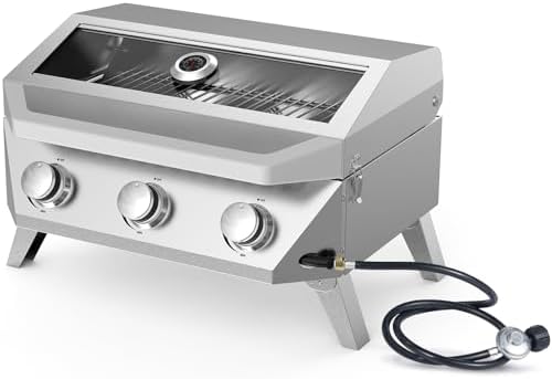 BESTFIRE 3-Burner Tabletop Gas Grill with Viewing Glass, 30,000 BTU Stainless Steel Portable Propane BBQ Grill with Thermometer, Professional Outdoor Cooking for Patio, Camping, RV and Tailgating