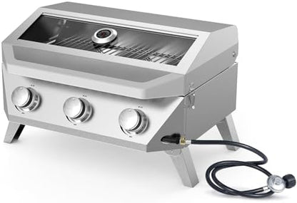 BESTFIRE 3-Burner Tabletop Gas Grill with Viewing Glass, 30,000 BTU Stainless Steel Portable Propane BBQ Grill with Thermometer, Professional Outdoor Cooking for Patio, Camping, RV and Tailgating