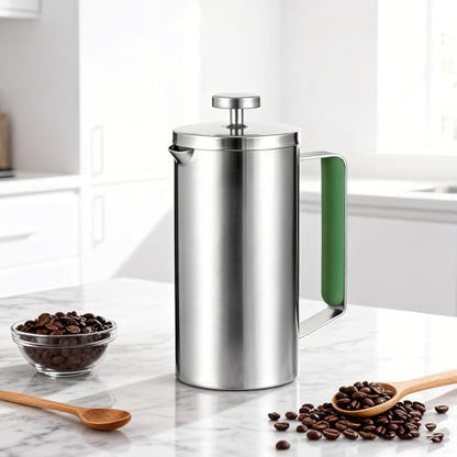 600ML French Press Coffee Maker 21OZ Camping Coffee Press with Green Handle for Personal, Office, Travel(Sanding Silver, 1-3 Cups)