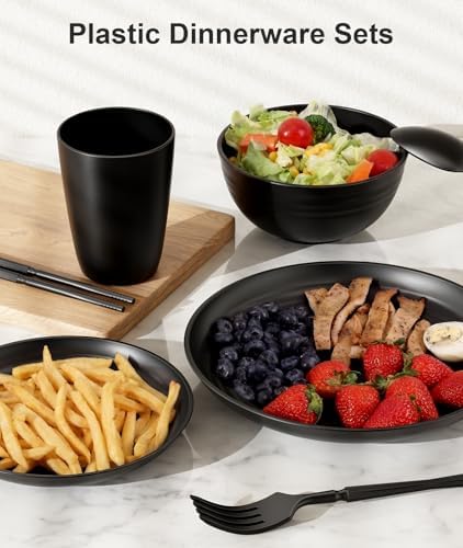 Quatish 32 Piece Plastic Plates and Bowls Sets for 4, Dinnerware Set Black