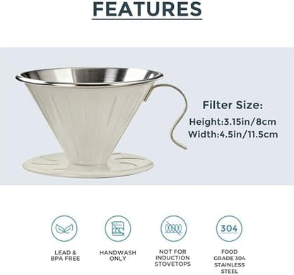 AGOGO Stainless Steel V60 Coffee Dripper & 50 Paper Filters, Cream