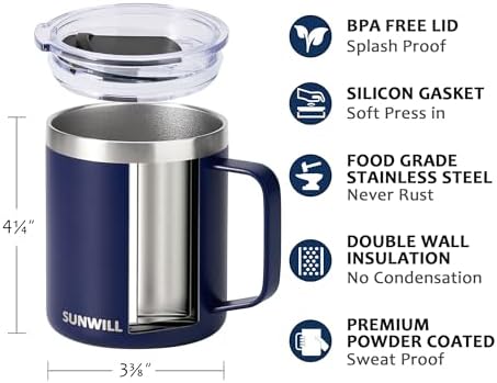 SUNWILL Insulated Coffee Mug, Stainless Steel 14 oz, Splash-Proof Lid