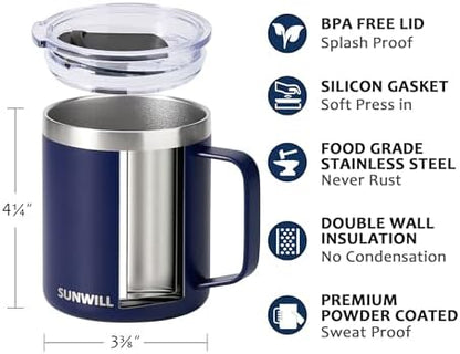 SUNWILL Insulated Coffee Mug, Stainless Steel 14 oz, Splash-Proof Lid