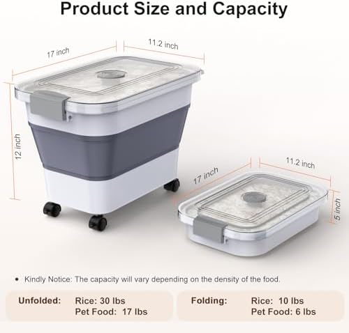 Rice Storage Container, Collapsible Airtight Food Storage Containers 20-30lbs with Clear Lid and Wheels, Rice Dispenser with Scoop for Flour Cereal Pasta Grain, Cat Pet Bird Dog Food Storage Container