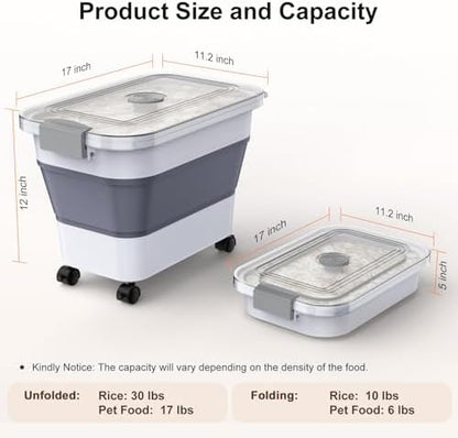 Rice Storage Container, Collapsible Airtight Food Storage Containers 20-30lbs with Clear Lid and Wheels, Rice Dispenser with Scoop for Flour Cereal Pasta Grain, Cat Pet Bird Dog Food Storage Container