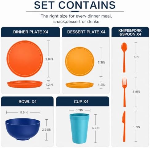 28 Piece Plates and Bowls Sets for 4, Kitchen Dinnerware Sets, Plastic
