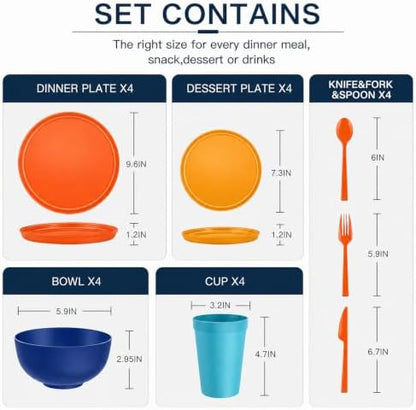 28 Piece Plates and Bowls Sets for 4, Kitchen Dinnerware Sets, Plastic