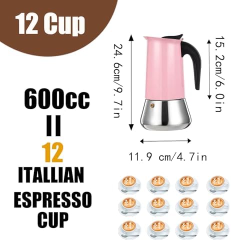 12 Cup Stovetop Espresso Maker Stainless Steel Moka Pot Stove Top Percolator Italian Coffee Makers Capable Mocha Greca Machine Cafe Classic Induction Cookers for Home and Camping 600ml 20oz