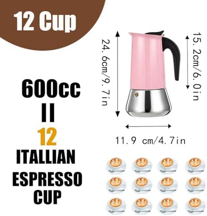 12 Cup Stovetop Espresso Maker Stainless Steel Moka Pot Stove Top Percolator Italian Coffee Makers Capable Mocha Greca Machine Cafe Classic Induction Cookers for Home and Camping 600ml 20oz