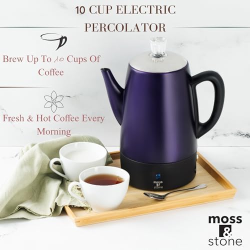 Moss & Stone 10 Cup Purpale Electric Percolator Coffee Pot, Stainless Steel