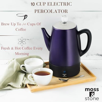 Moss & Stone 10 Cup Purpale Electric Percolator Coffee Pot, Stainless Steel